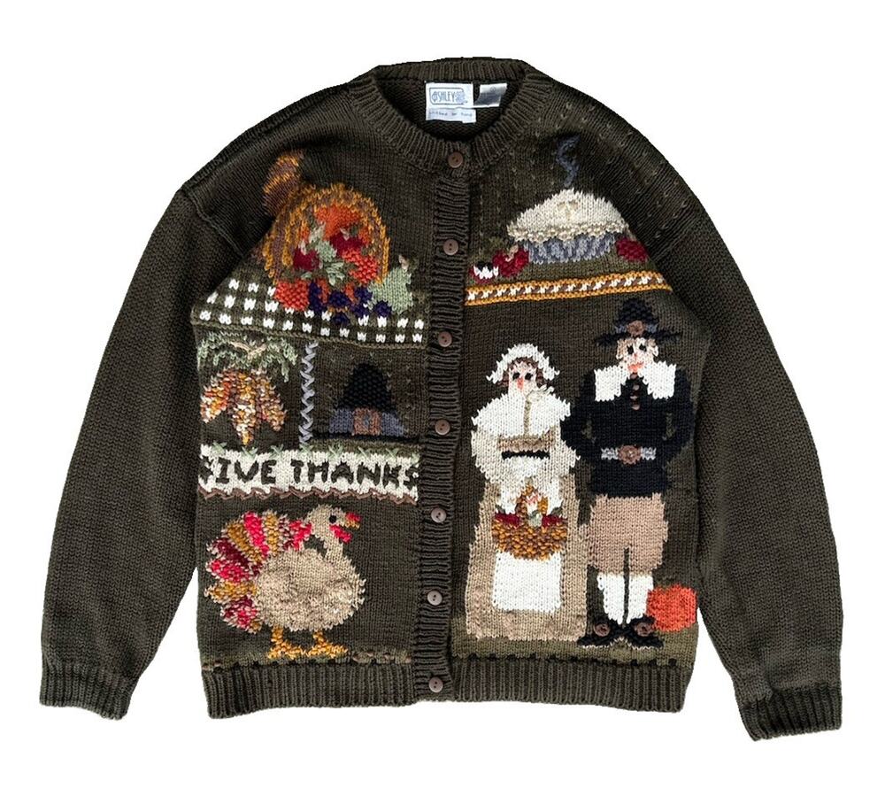 Vintage 90s Ashley Thanksgiving Fall Chunky Hand Knit Sweater Button Front Small